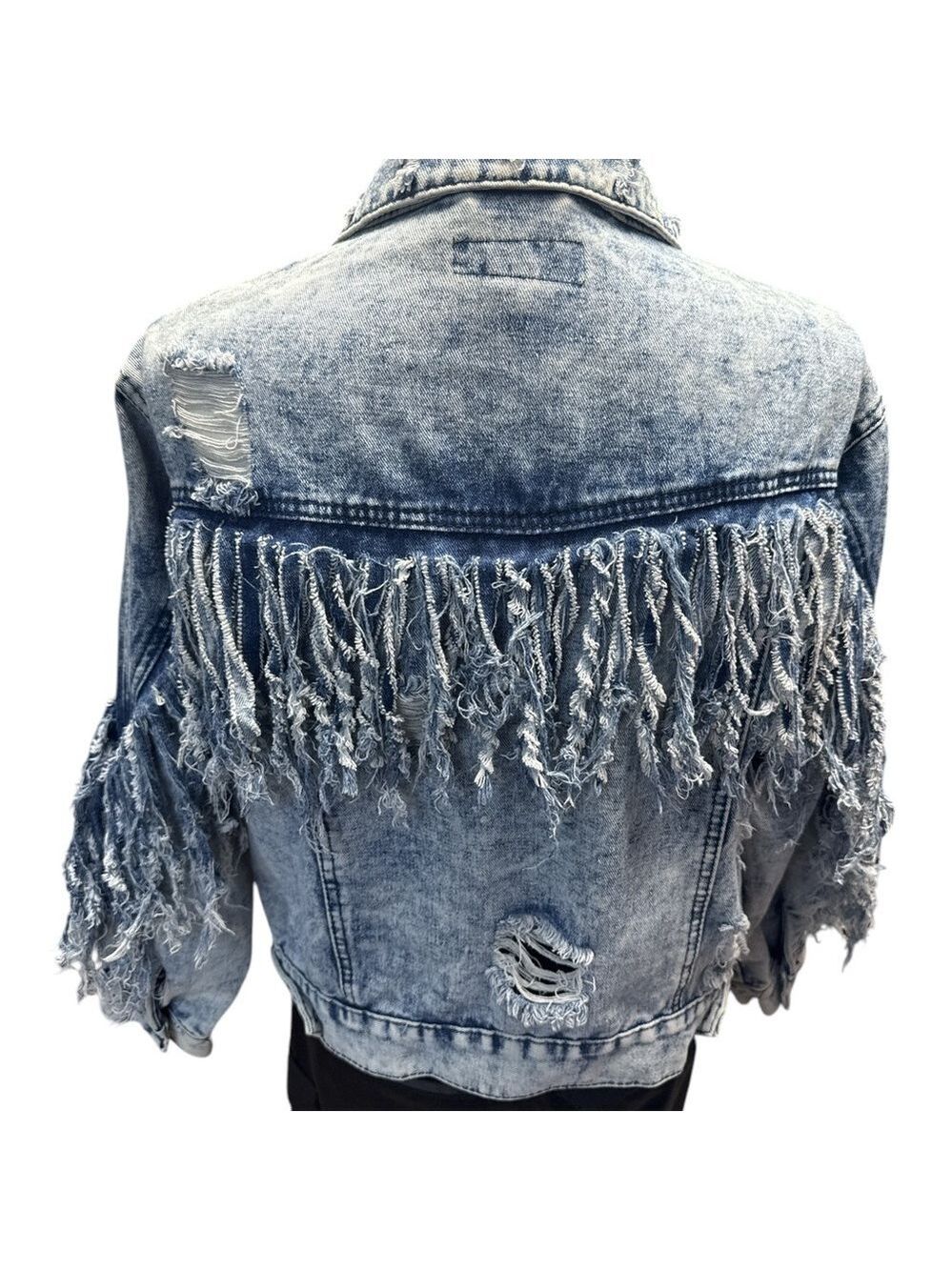 Thrill Women's Distressed Denim Jacket Blue Size L Casual Button-Up - Picture 2 of 7